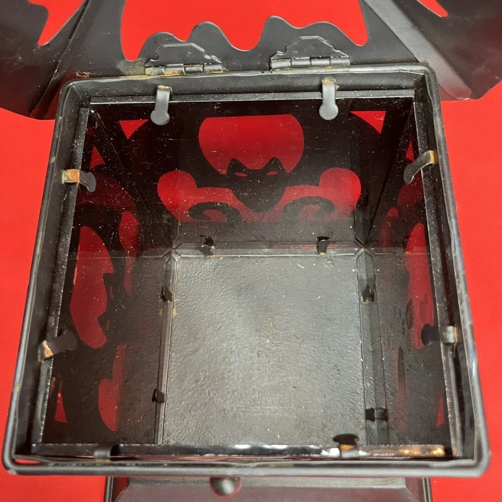 Illuminations Votive Lantern / Bats / Black Metal / Tea Light Holder / Red Glass